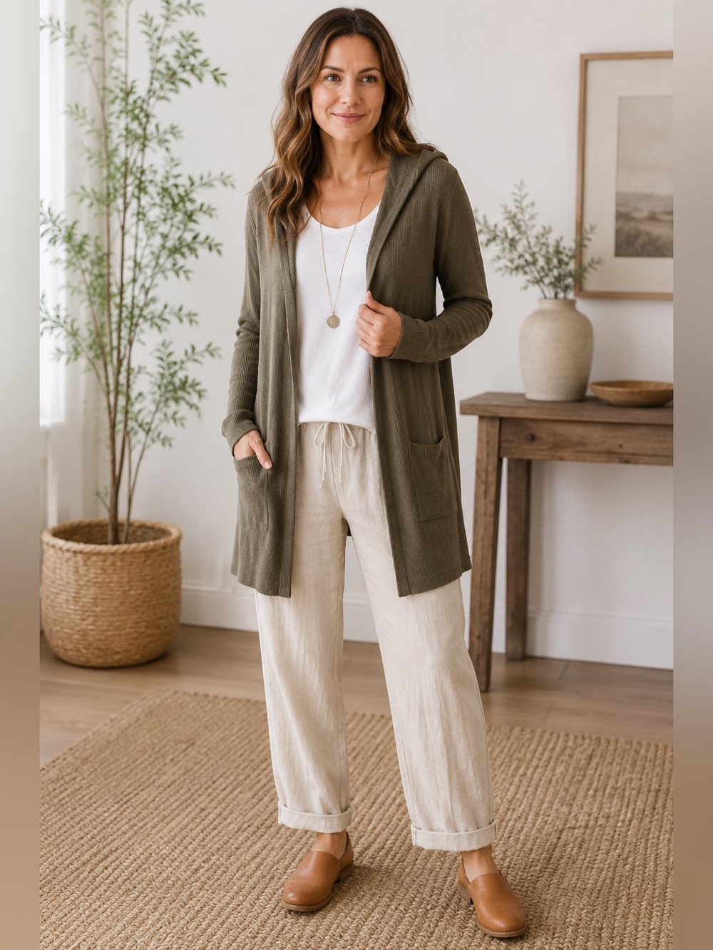 Tucker + Tate Olive Hooded Open-Front Women's Long Cardigan Layering Lagenlook